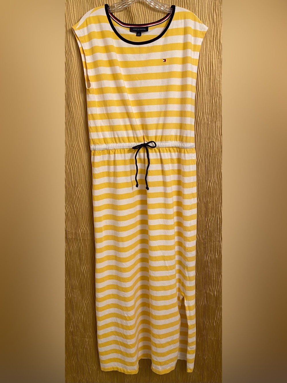 Tommy Hilfiger Yellow and White Striped Maxi Dress with Black Drawstring